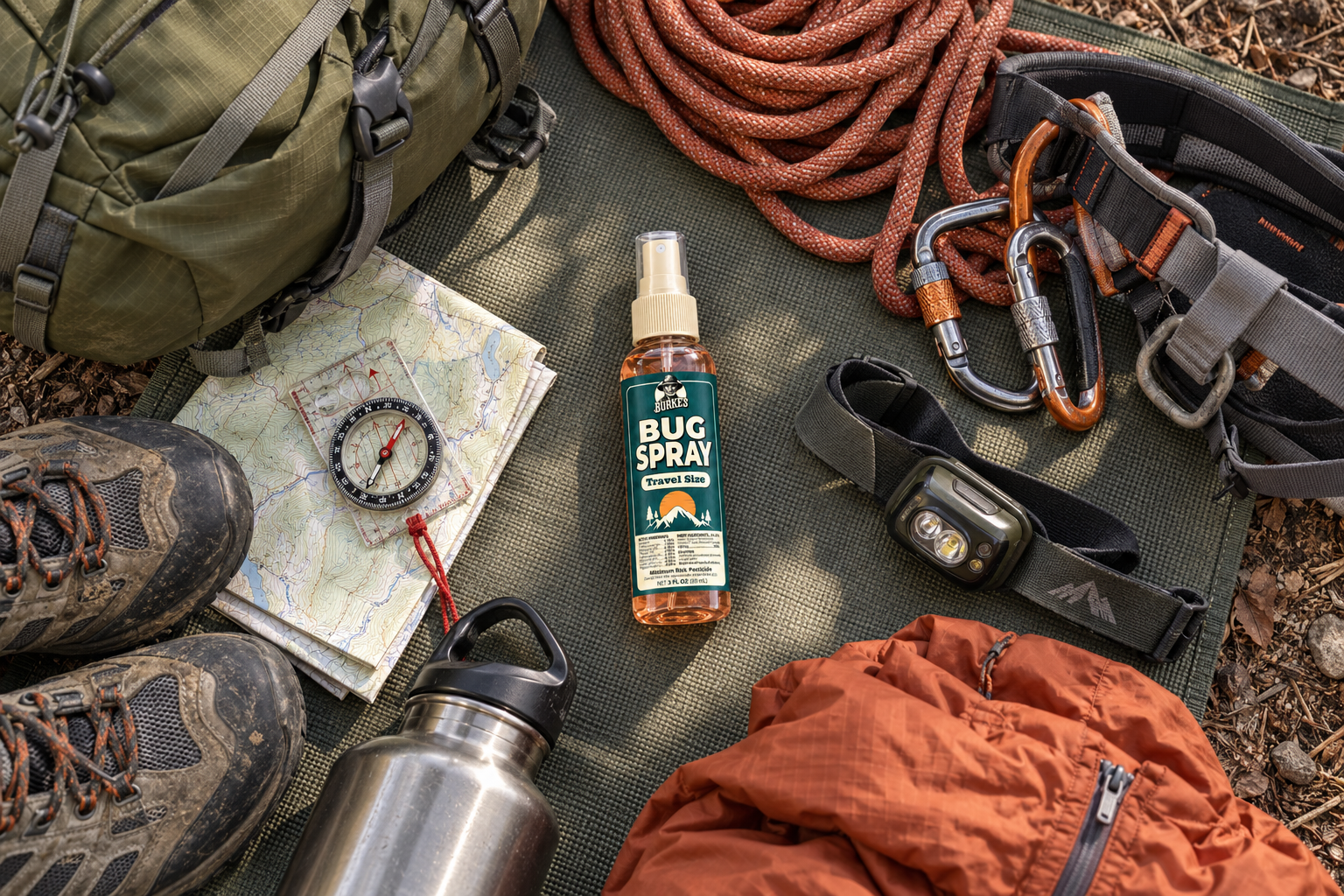 Burke’s travel-size Bug Spray surrounded by a map, compass, rope, and hiking gear