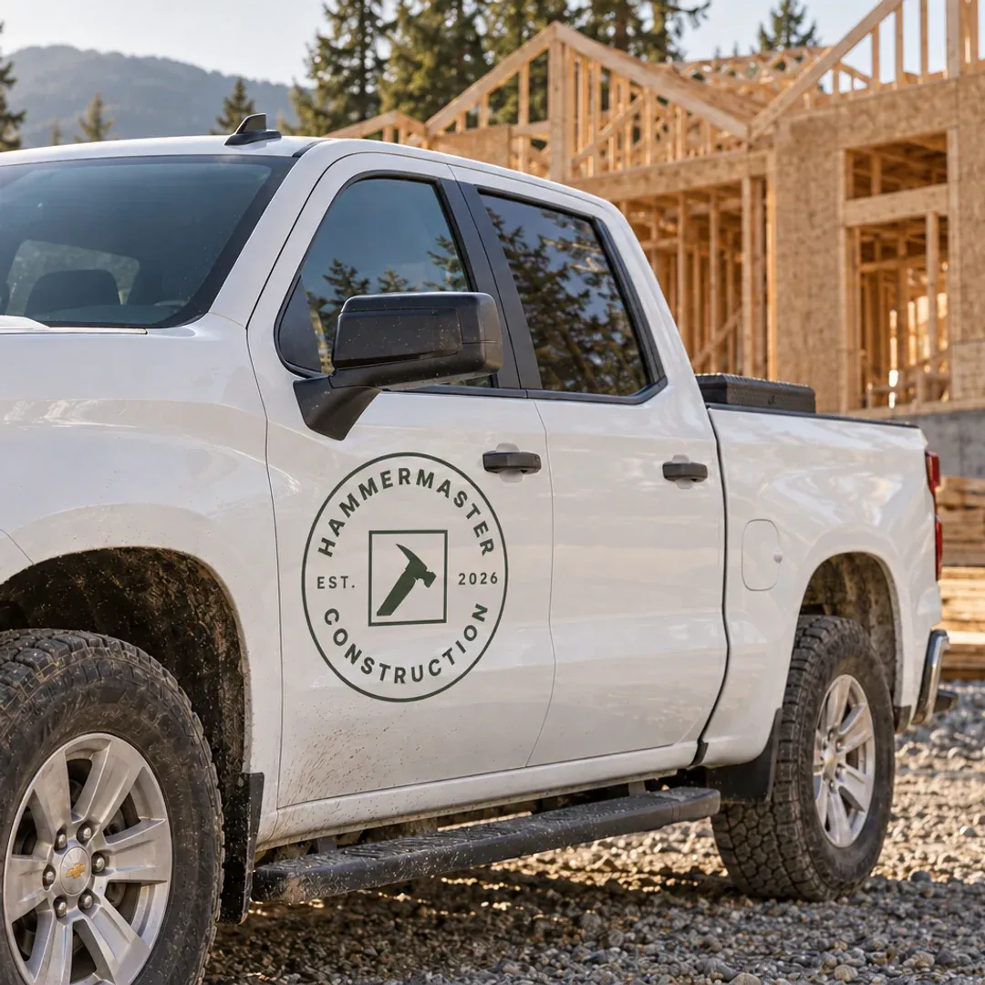 Hammermaster Construction branding on a white pickup at a construction site