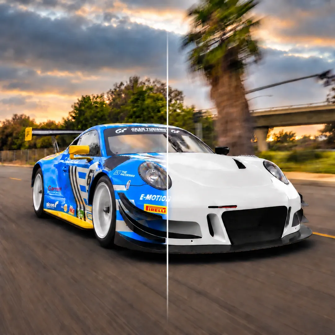 E·motion race car transitioning from its original blue livery to the white concept, divided by a fading white line