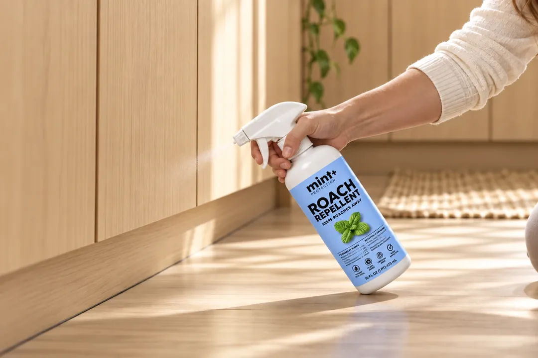 A woman spraying mint+ Roach Repellent along kitchen cabinets