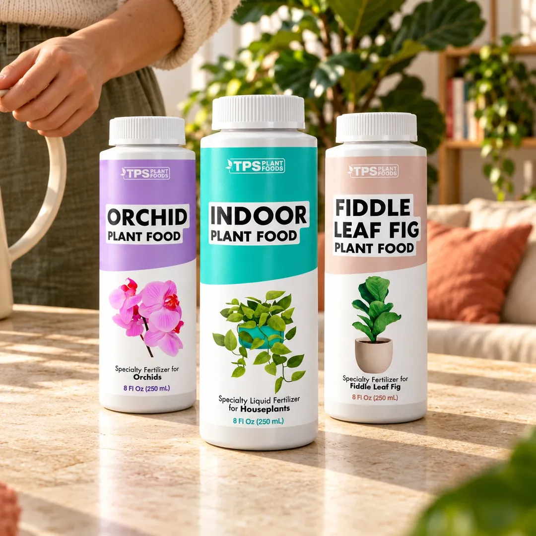 TPS Orchid, Indoor, and Fiddle Leaf Fig Plant Food bottles on a sunlit table beside houseplants
